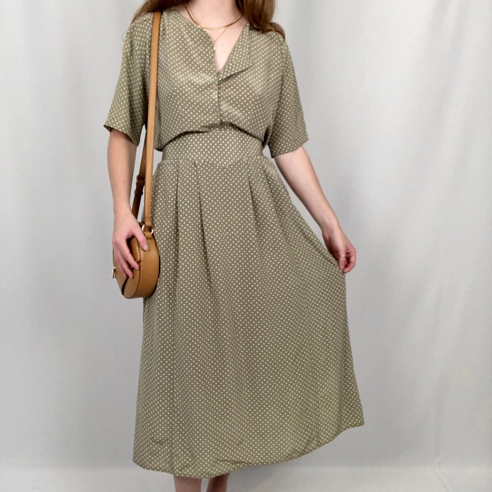 Vintage 100% Silk Sage Star Print Midi Skirt Button Up Shirt Matching Co-ord Set